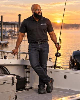 Dr. Sully with a fishing rod on a boat at sunrise